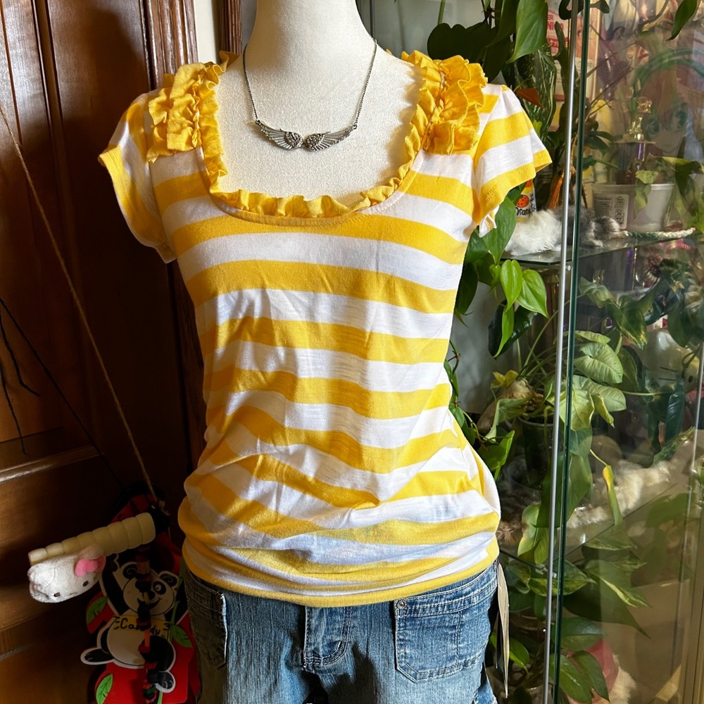 Y2K Self Esteem Womens Striped Ruffle & Bow Accent Short Sleeve Blouse Tee Sz XS
